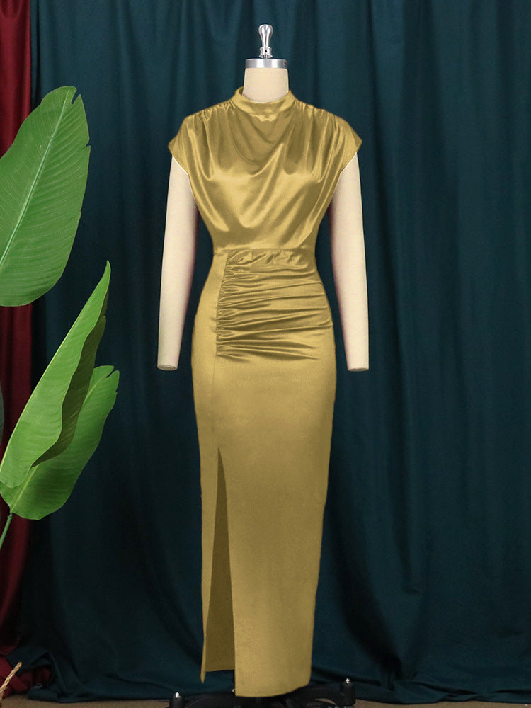 Womens Solid Color Long Formal Dress Elegant Pleated Maxi for Work & Events