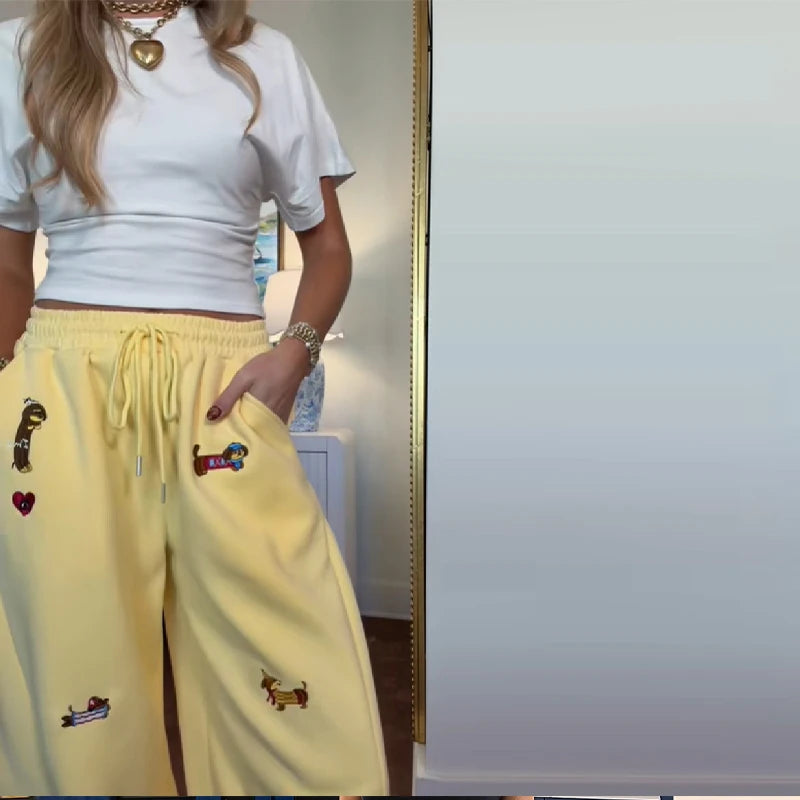 American Trendy Hip Hop Sausage Dog Embroidery Casual Pants Women's Loose Straight Leg Sweatpants 2025 Autumn Winter Pants