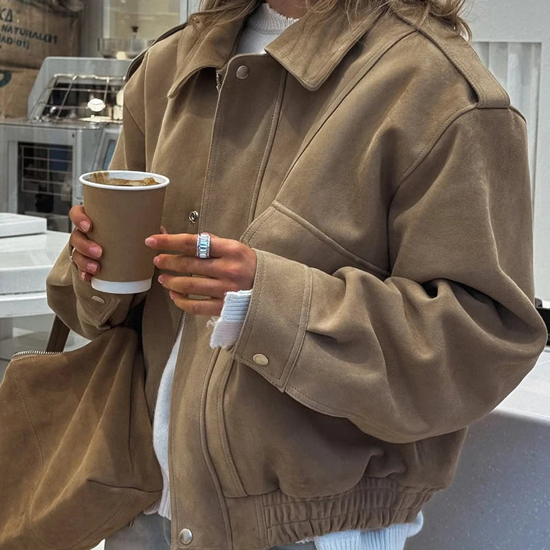 Street Suede Solid Women Jacket Casual Stand Collar Zippers Pocket Long Sleeve Female Overcoat 2026 Spring Autumn Lady Outwear