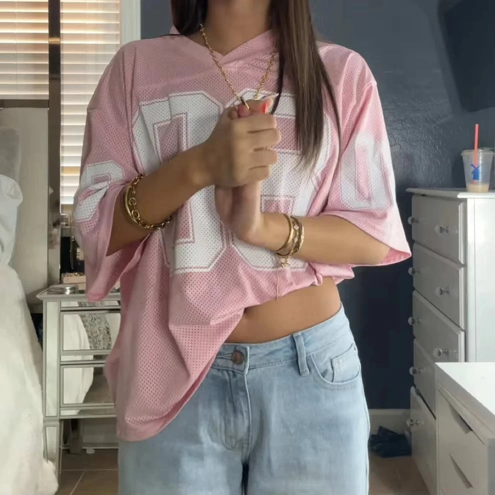 Summer Women'S Football Jersey Tshirt V-Neck Mesh Fashionable Streetwear 3d Printing Sexy Versatile Outfit Y2k Trendy Casual Top