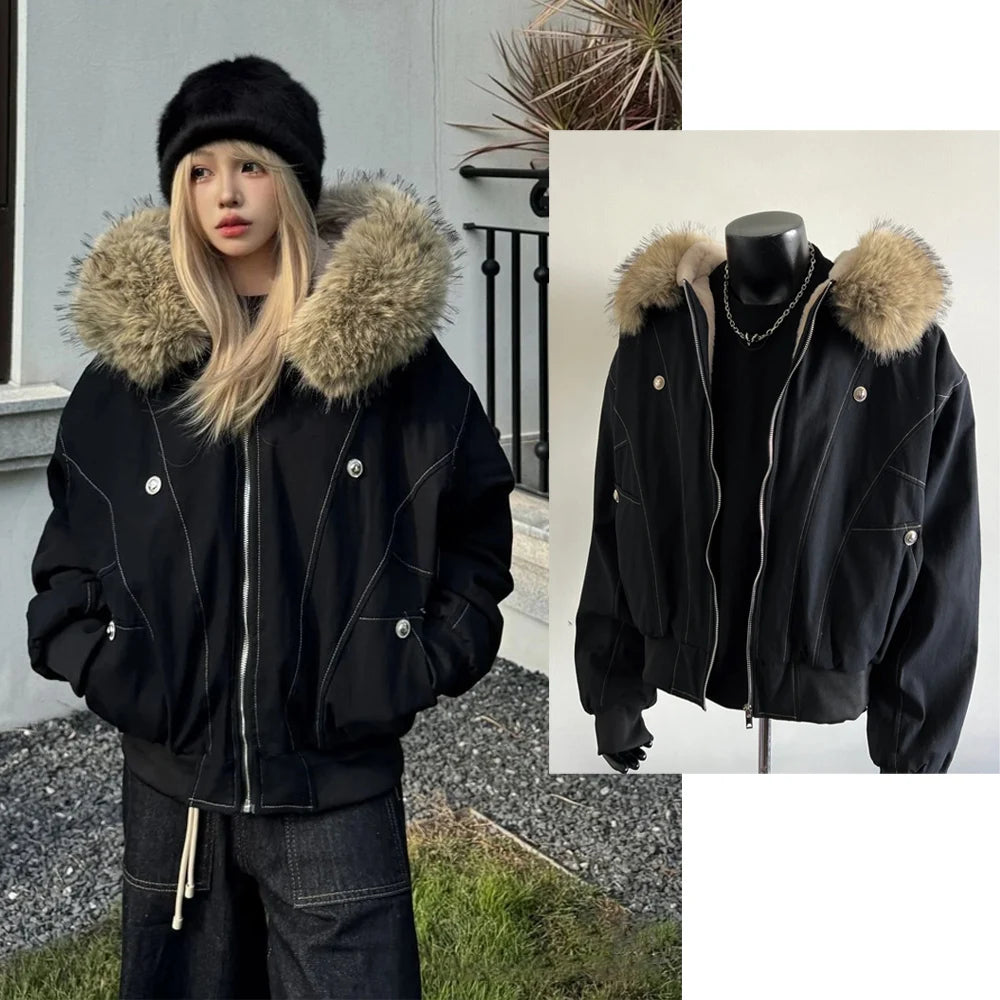 Subculture Harajuku Vintage Safari Coats with Hooded Women Zipper Sweatshirts Casual Streetwear Grunge Jacket Y2k Stand Neck