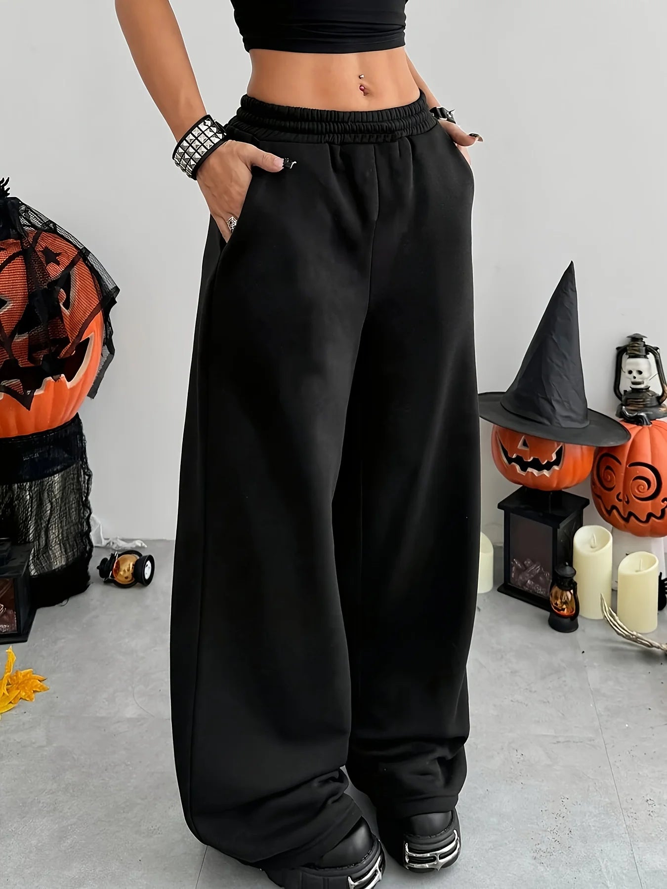 Women'S Casual Wide-Leg Joggers with Elastic Waistband Pockets Solid Color Stretchy Comfort Fit All-Season Comfort
