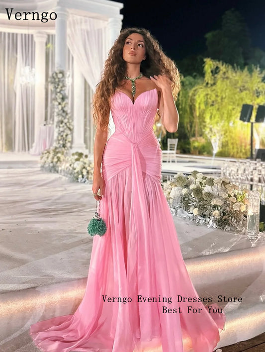 Verngo Pink Evening Dress Elegant Sweetheart A Line Maxi Prom Dress Flowing Hand-pleated Silk Prom Party Dress Customized