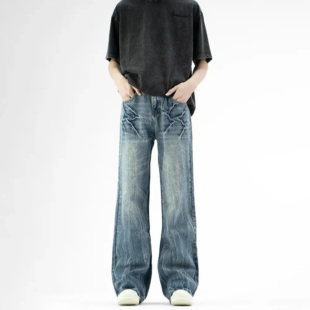 Retro American Lightning Pattern Men's Jeans High Waist Bootcut Long Trousers Hip Hop Style Straight Leg Black Washed Denim