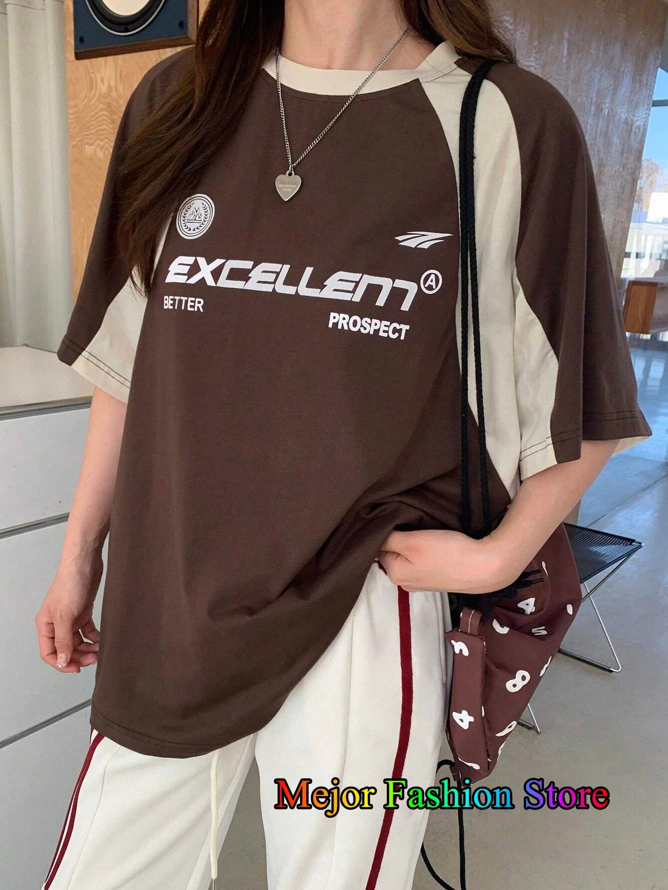 Summer New Letter Printed T-Shirt For Women O-Neck Red Patchwork Short Sleeve Mesh Sports Football Jersey Y2K Oversized Tops