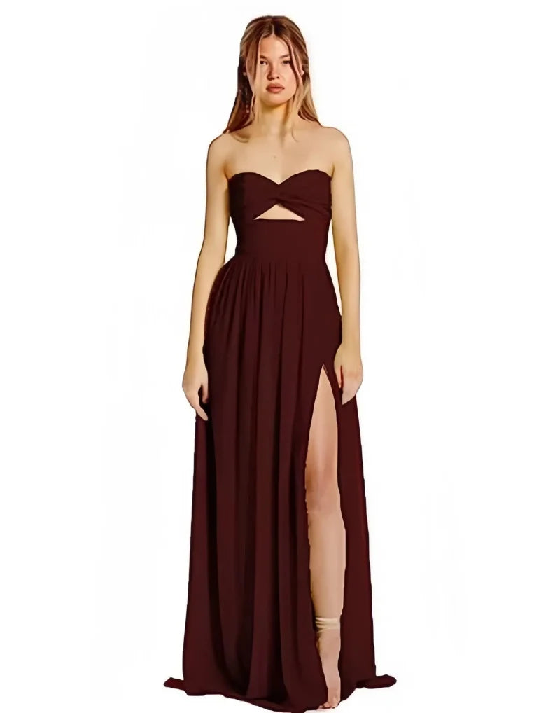 Strapless Chiffon Prom Dresses Pleated Sexy High Split Backless Cocktail Party Dress Off The Shoulder Long Homecoming Dress