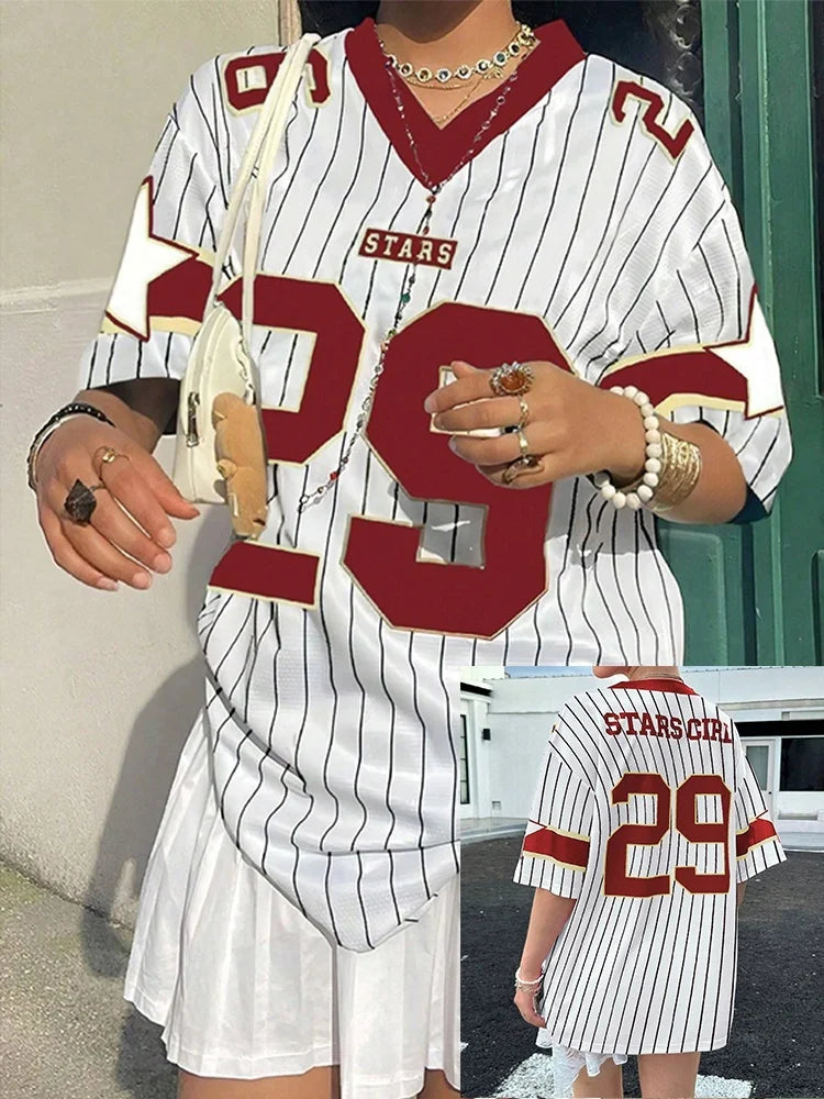 Oversized T-shirt for Women V-Neck Short Sleeve Summer Pink Patchwork 29 Printed Streetwear Tops Casual Football Jersey Y2k Tees