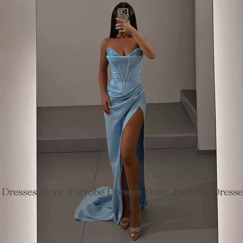 Luxury Evening Dresses 2025 Satin Mermaid/Trumpet Prom Dress Light Blue Sweetheart Beads Pleat Split Party Gown Sweep Train