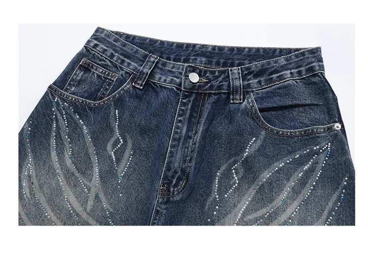 CHIC Men Wide Leg Baggy Jeans Denim Butterfly Moustache Laser Rhinestone Straight Pants Fashion Harajuku Trousers High Quality