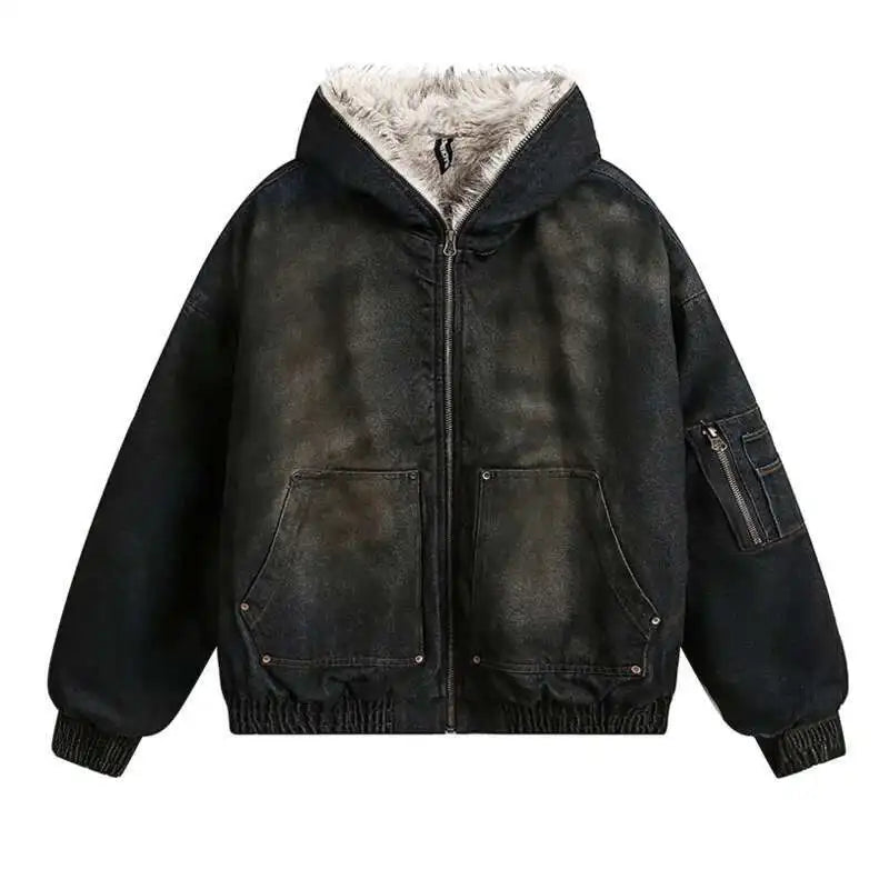 PFNW Menswear Thickened Denim Quilted Padded Jackets Autumn Winter New Oversized Fur Collar Hooded Cotton-padded Coat CPG2406