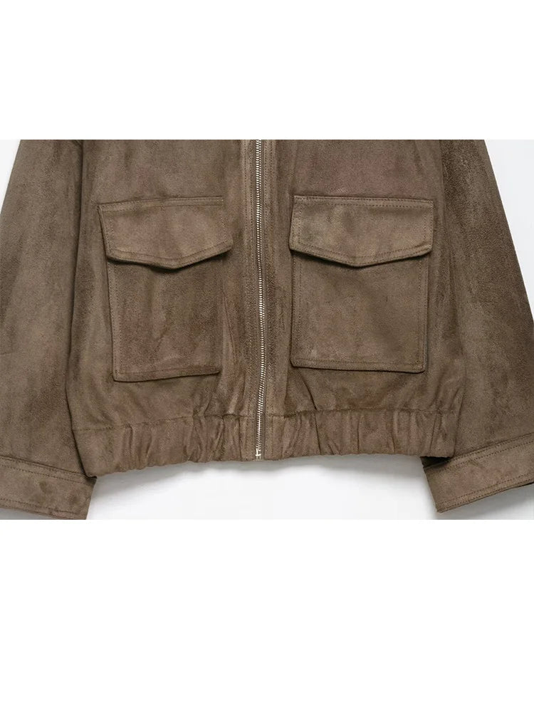 HH Woman Winter Elegant Turn-down Collar Solid Jacket Women Long Sleeve Pocket Decorate Zipper Casual Suede Texture Loose Coat