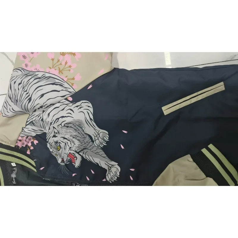 Mens Jacket Harajuku Autumn Winter Ukiyoe Four Gods Heavy Print Dragon Tiger Streetwear Loose Fit Casual Fashion Coat Outerwear