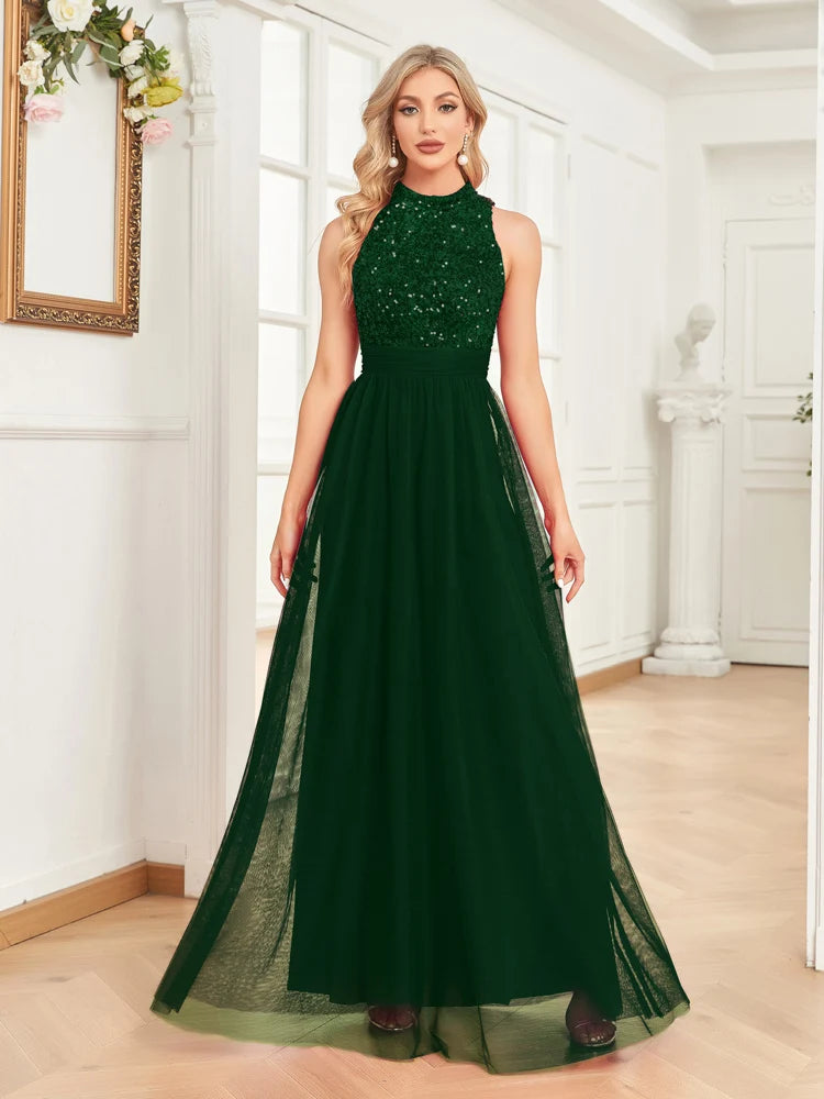 Elegant V-Neck Green Sequins Evening Dresses Long Luxury Women Tulle Sleeveless Wedding Party Cocktail Gowns