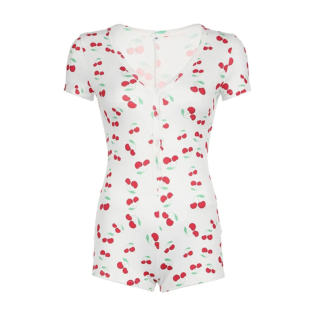 Cherry Print Onesie Pajamas – Sexy Bodycon Button-Up Romper by Novaleco