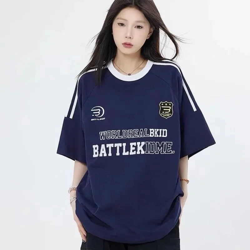 Loose Fit Crew Neck Short Sleeve T-Shirt Women's American Retro Patchwork Color Letter Summer Three Bars round Neck Top