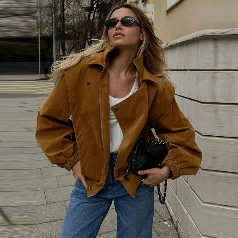 Street Suede Solid Women Jacket Casual Stand Collar Zippers Pocket Long Sleeve Female Overcoat 2026 Spring Autumn Lady Outwear