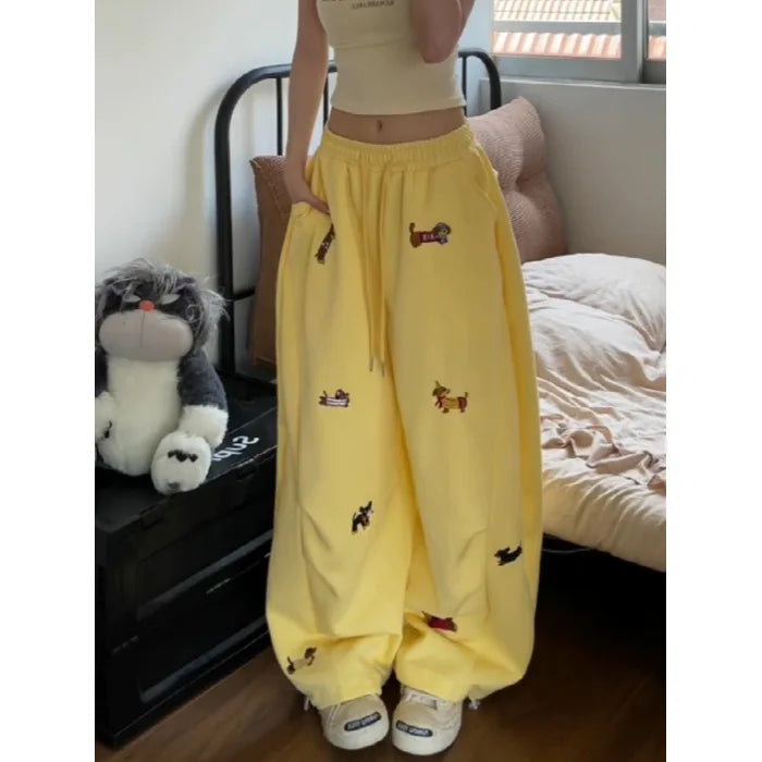 Pure Cotton American Hip Hop Sausage Dog Embroidery Casual Pants Women Loose Streetwear Wide Leg Sweatpants Harlan Pants