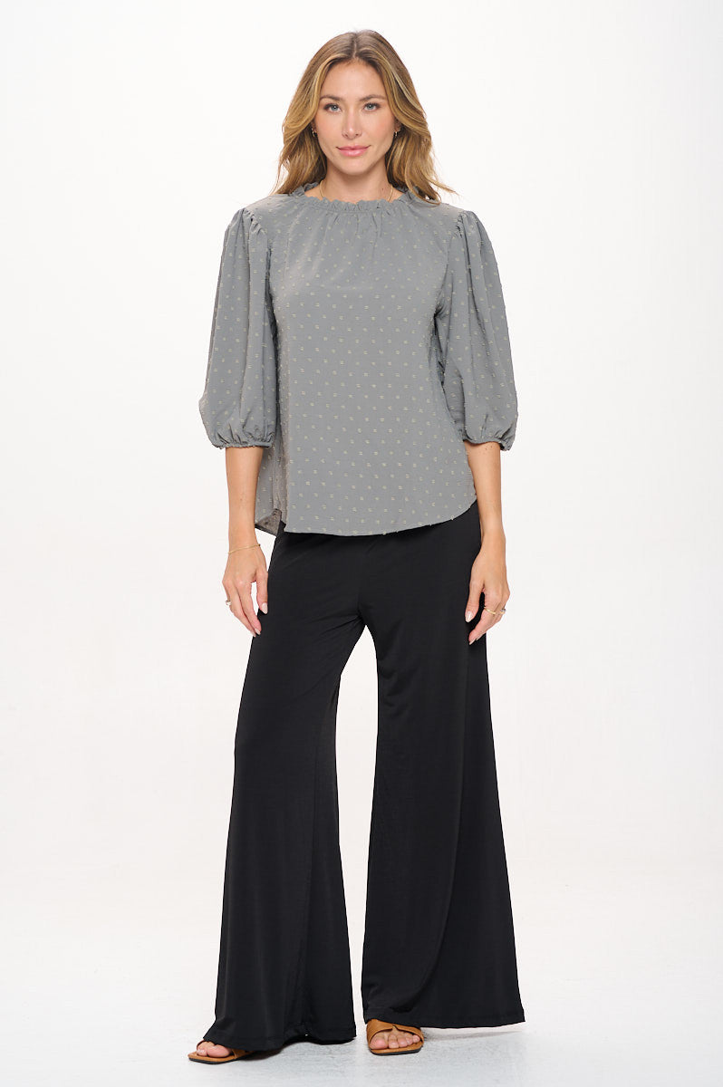 Textured Puff Sleeve Top with Smock neck