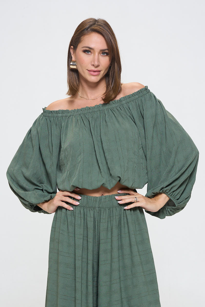Textured Off the Shoulder Top with Balloon Sleeve