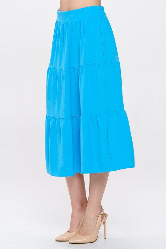 Solid Tiered Midi Skirt with Pockets