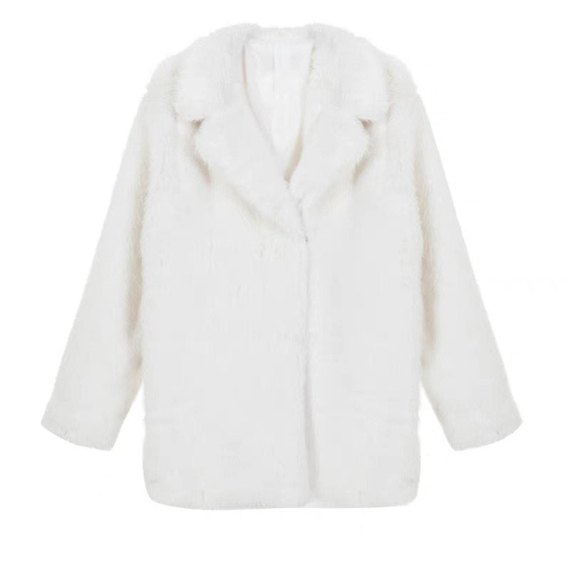 Womens White Faux Fur Winter Coat Cozy Mid-Length Jacket for Cold Weather