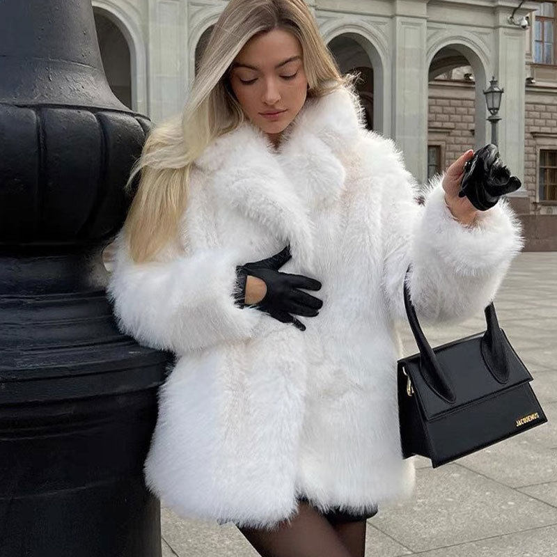Womens White Faux Fur Winter Coat Cozy Mid-Length Jacket for Cold Weather