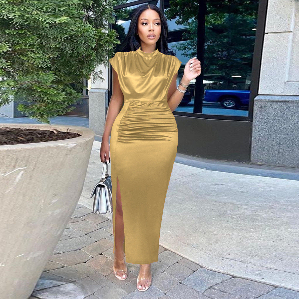 Womens Solid Color Long Formal Dress  Elegant Pleated Maxi for Work & Events