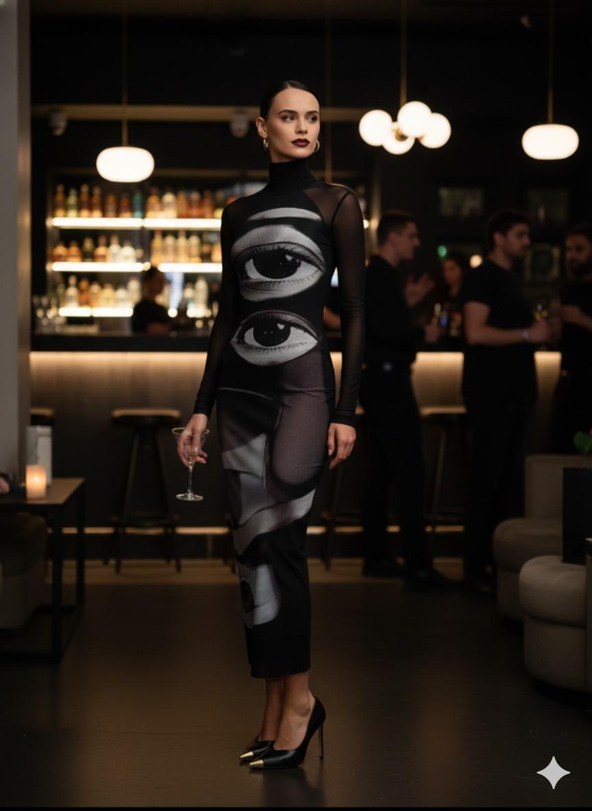 Women’s Printed Turtleneck Slim Maxi Dress – “Eyes” Streetwear Bodycon by Novaleco