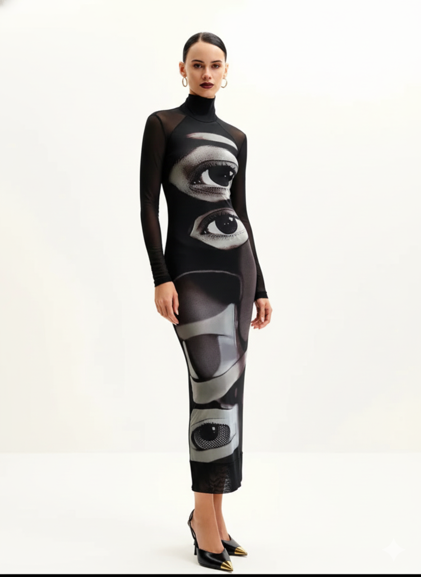 Women’s Printed Turtleneck Slim Maxi Dress – “Eyes” Streetwear Bodycon by Novaleco