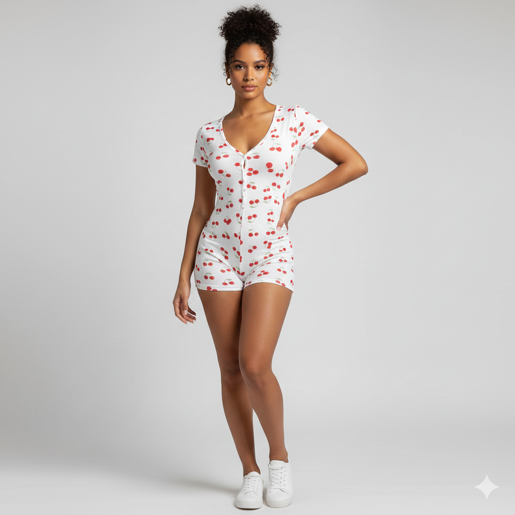 Cherry Print Onesie Pajamas – Sexy Bodycon Button-Up Romper by Novaleco
