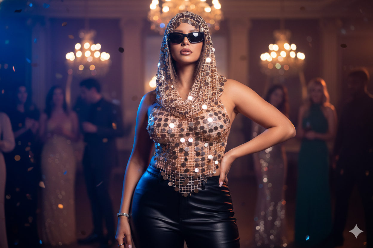 Women’s Acrylic Sequin Tank Top & Hat Set – Sexy See-Through Rave Festival Crop Top