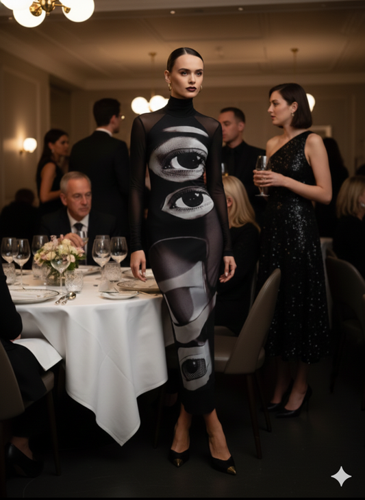 Women’s Printed Turtleneck Slim Maxi Dress – “Eyes” Streetwear Bodycon by Novaleco