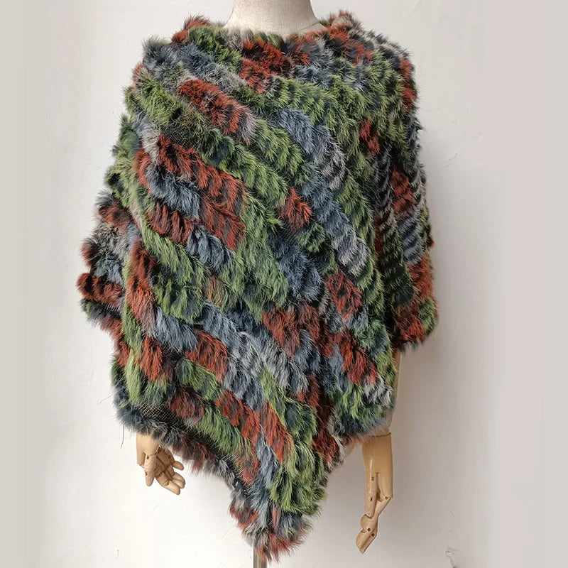 HSPL 2023 Spring Hot Sale Knitted Natural Fur Shawl  Fashion Rabbit Fur Cape Shawl Genuine Rabbit Fur Women Black Fur Poncho