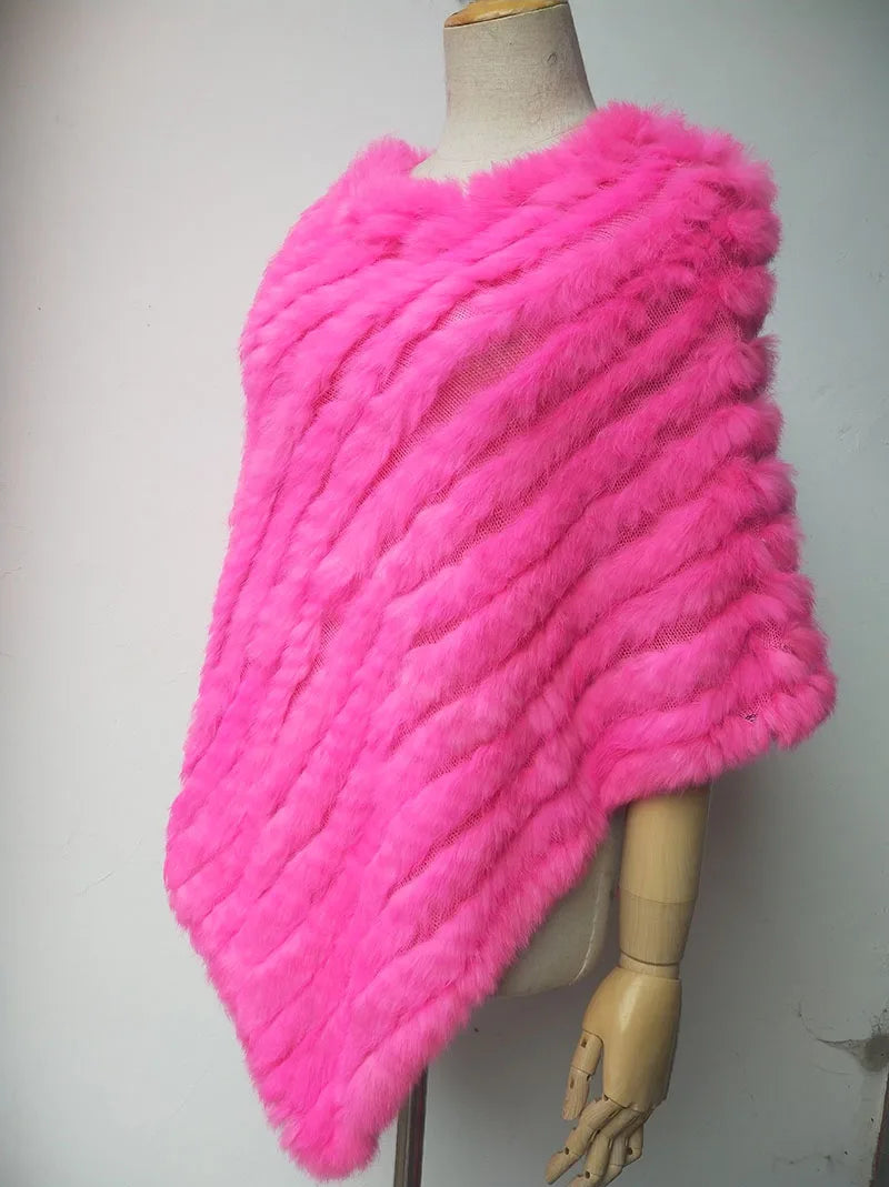 HSPL 2023 Spring Hot Sale Knitted Natural Fur Shawl  Fashion Rabbit Fur Cape Shawl Genuine Rabbit Fur Women Black Fur Poncho