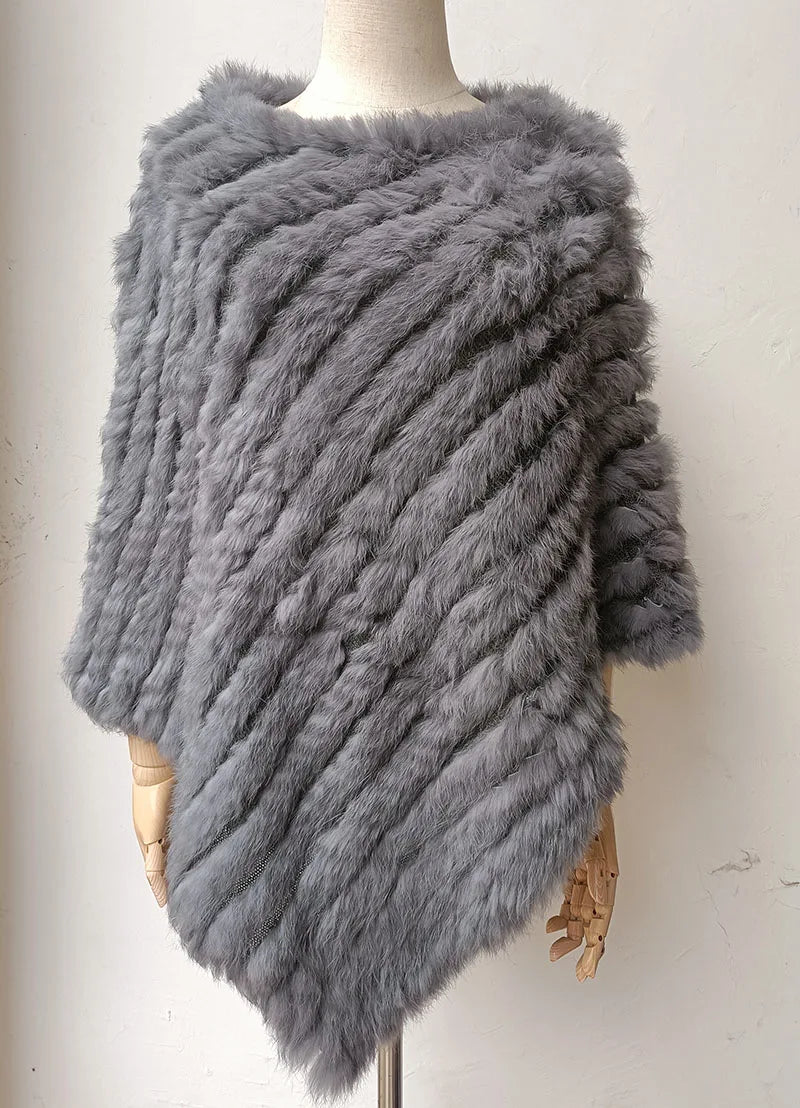 HSPL 2023 Spring Hot Sale Knitted Natural Fur Shawl  Fashion Rabbit Fur Cape Shawl Genuine Rabbit Fur Women Black Fur Poncho