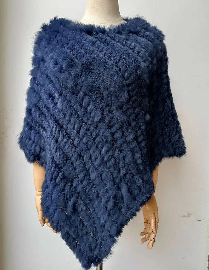 HSPL 2023 Spring Hot Sale Knitted Natural Fur Shawl  Fashion Rabbit Fur Cape Shawl Genuine Rabbit Fur Women Black Fur Poncho