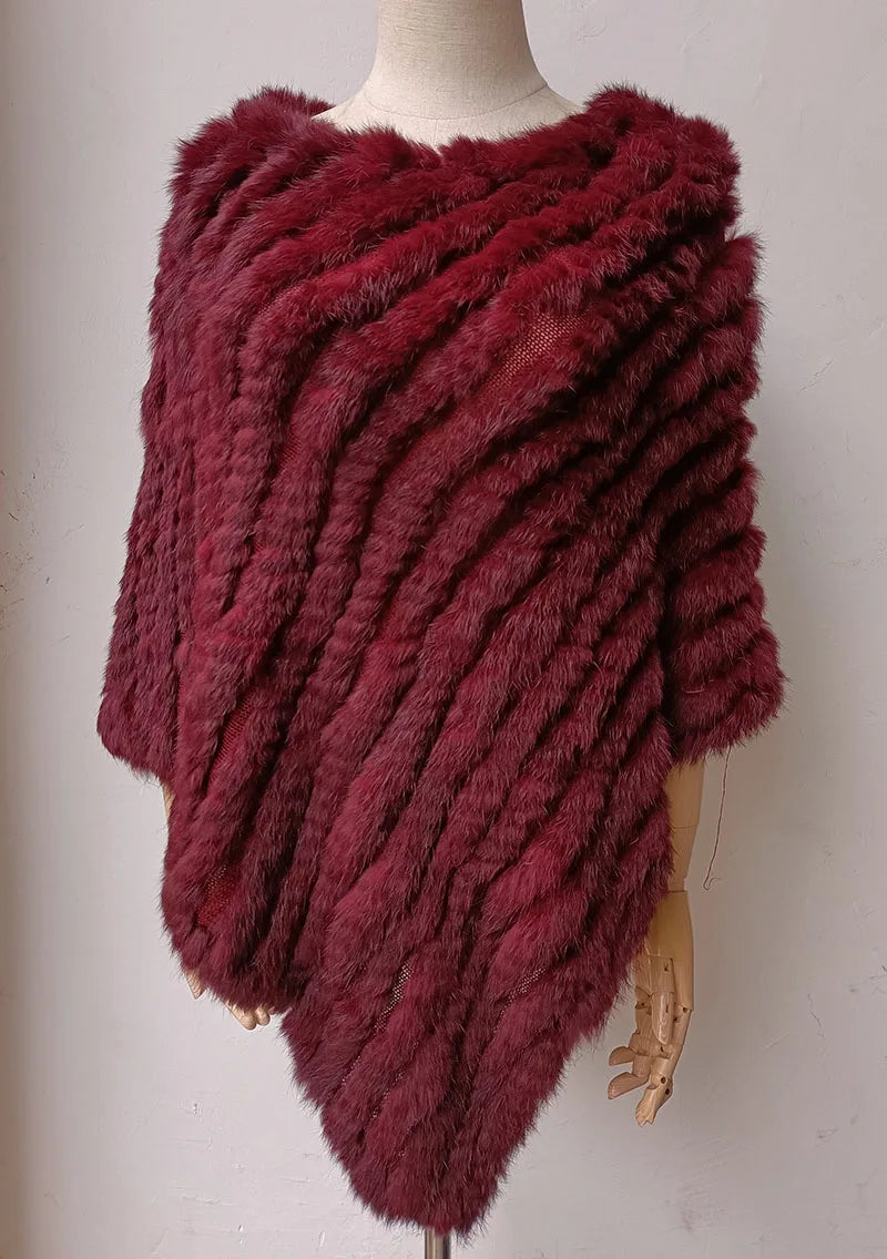 HSPL 2023 Spring Hot Sale Knitted Natural Fur Shawl  Fashion Rabbit Fur Cape Shawl Genuine Rabbit Fur Women Black Fur Poncho