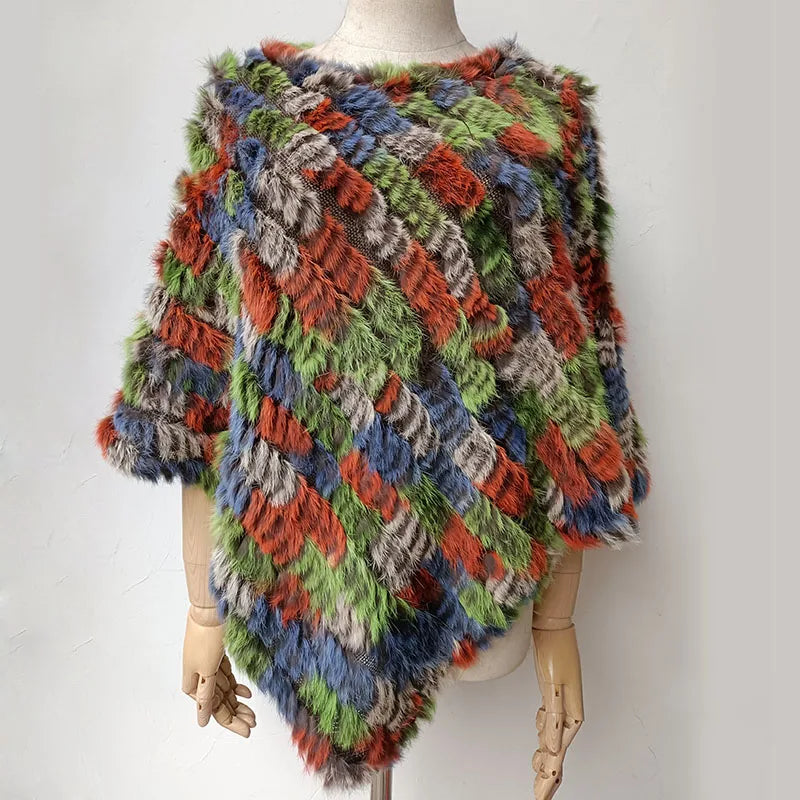 HSPL 2023 Spring Hot Sale Knitted Natural Fur Shawl  Fashion Rabbit Fur Cape Shawl Genuine Rabbit Fur Women Black Fur Poncho