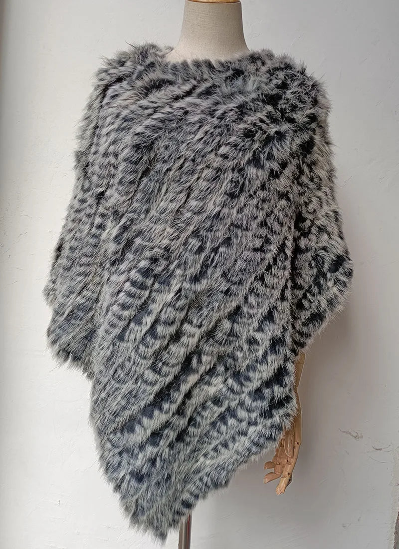 HSPL 2023 Spring Hot Sale Knitted Natural Fur Shawl  Fashion Rabbit Fur Cape Shawl Genuine Rabbit Fur Women Black Fur Poncho