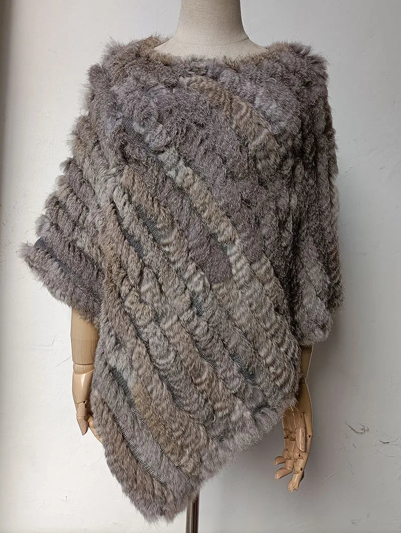 HSPL 2023 Spring Hot Sale Knitted Natural Fur Shawl  Fashion Rabbit Fur Cape Shawl Genuine Rabbit Fur Women Black Fur Poncho