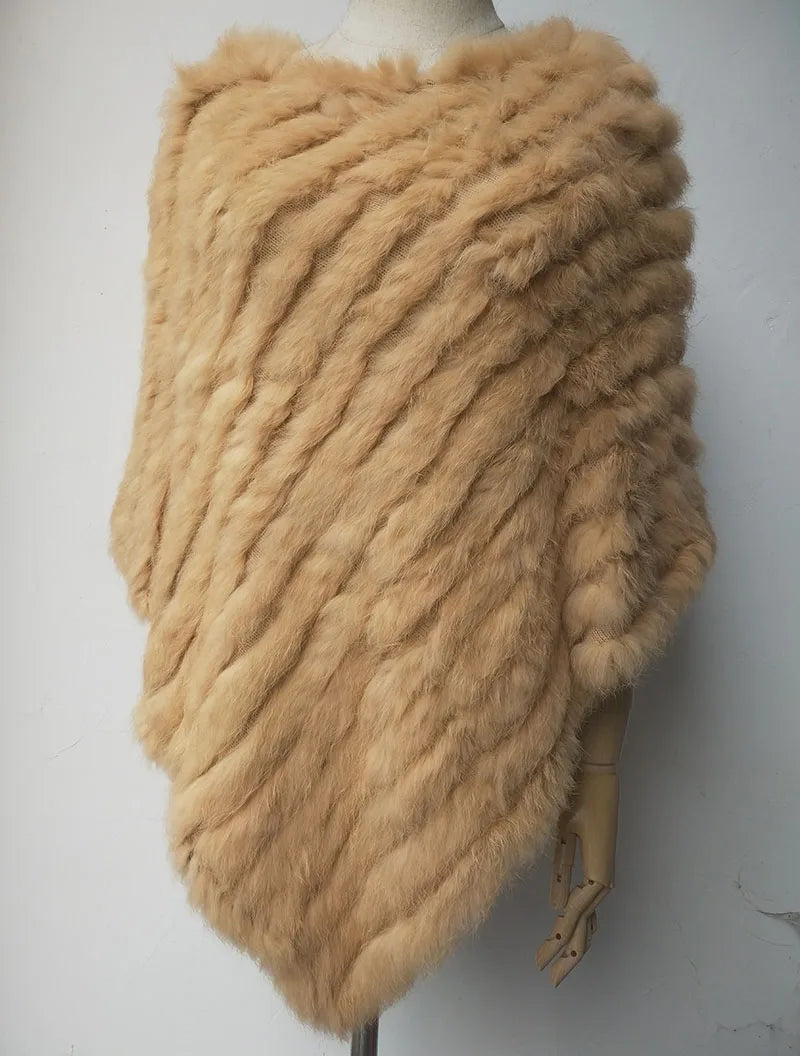 HSPL 2023 Spring Hot Sale Knitted Natural Fur Shawl  Fashion Rabbit Fur Cape Shawl Genuine Rabbit Fur Women Black Fur Poncho