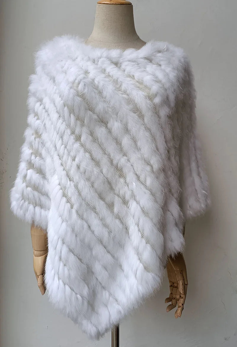 HSPL 2023 Spring Hot Sale Knitted Natural Fur Shawl  Fashion Rabbit Fur Cape Shawl Genuine Rabbit Fur Women Black Fur Poncho