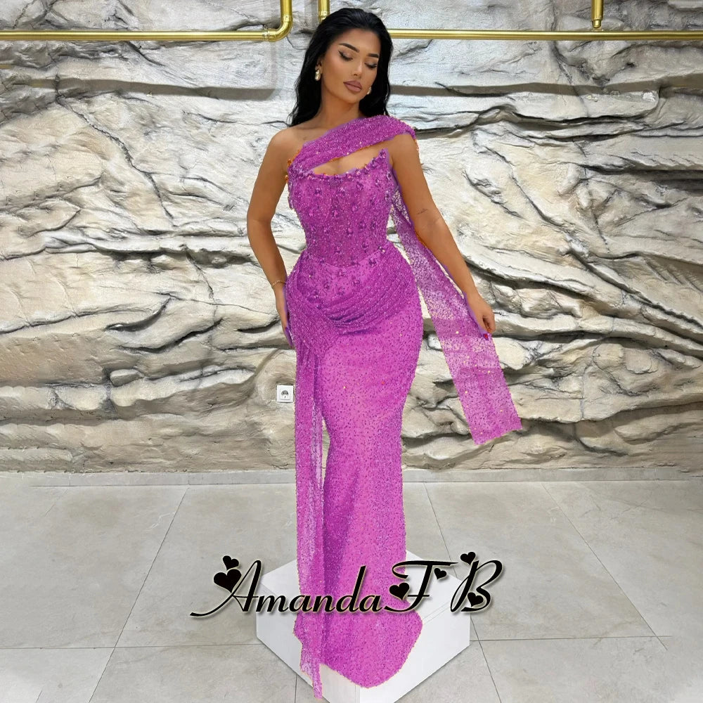 Amanda Sparkly Sequins and Beads Evening Dress Pleat Scoop Neck Trumpet Sleeveless Diamond Pageant Vestidos De Gala Customized