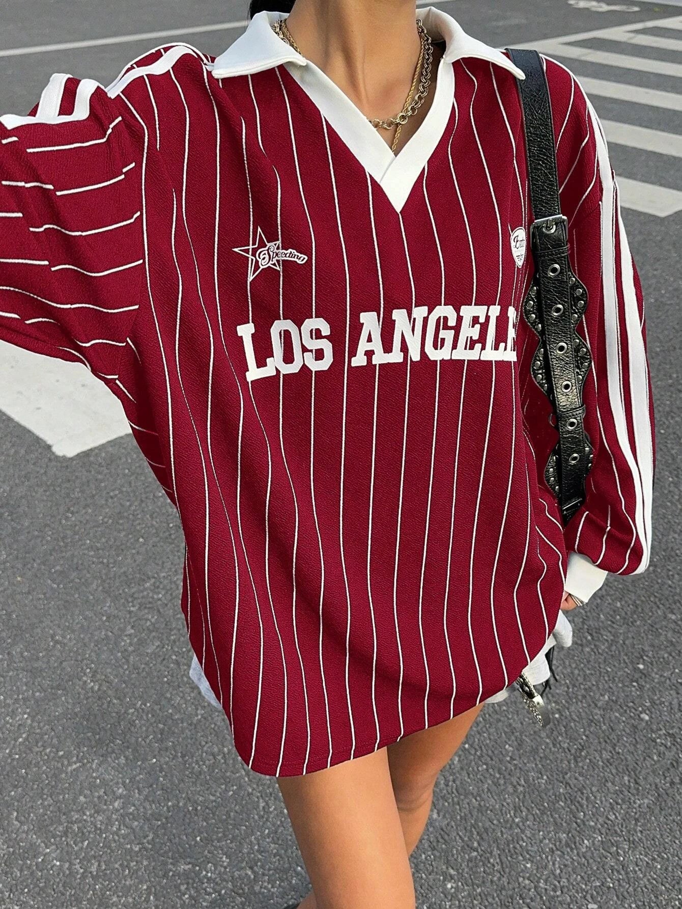 Women's Casual Striped Letter & Number Print Athletic Polo Collar Long Sleeve T-Shirt Drape Oversize Tops Streetweat Spring/Fall