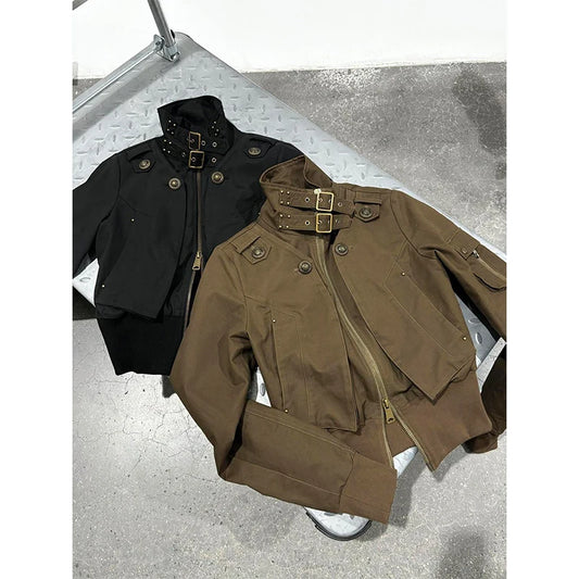 MEXZT Y2K Cropped Black Jacket Women Harajuku Vintage Stand Collar Coat Autumn Streetwear Grunge Long Sleeve Zipper Outerwears