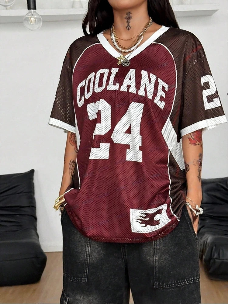 2025 Summer New Retro3D Printed Women's T-shirt V-neck Short sleeved Sports Football Suit Y2K Loose Oversized Quick Drying Top