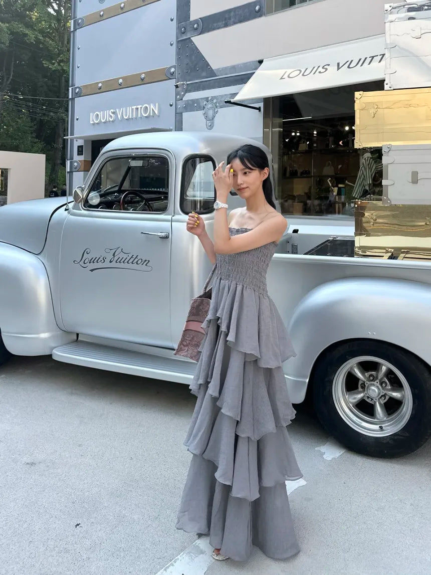 French Style Female Luxurious Strapless Cake Dress Summer Strapless Women Party Dresses Vintage Tiered Wedding Guest Dress 2025