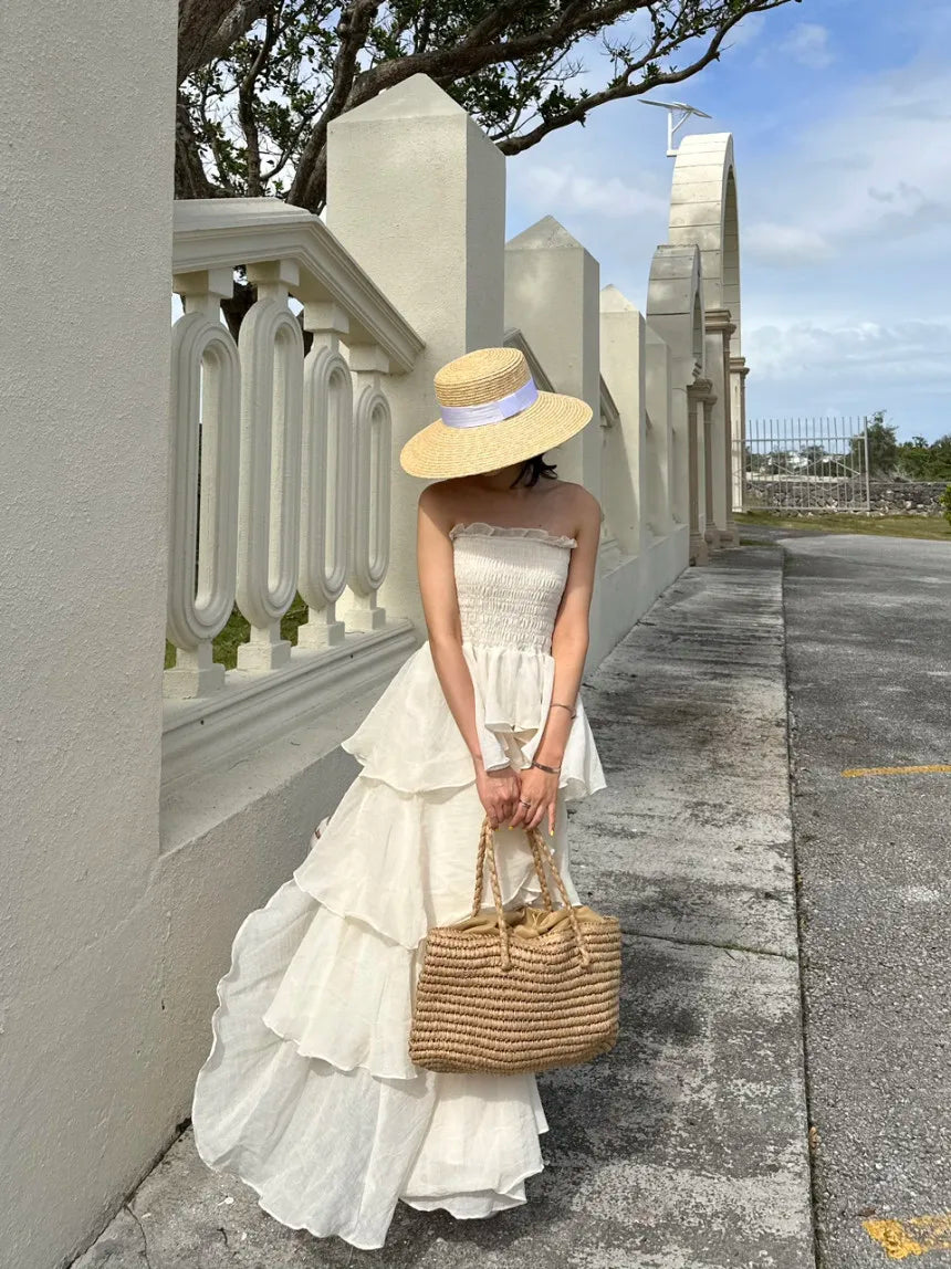French Style Female Luxurious Strapless Cake Dress Summer Strapless Women Party Dresses Vintage Tiered Wedding Guest Dress 2025
