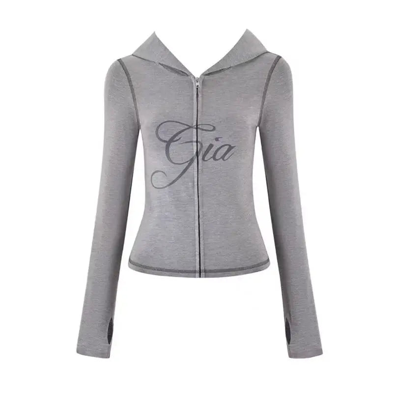 Gia 2025 Shoulder Slimming Letter Printed Bright Thread Design Slimming Hooded Zipper Short Coat Pants Set for Women