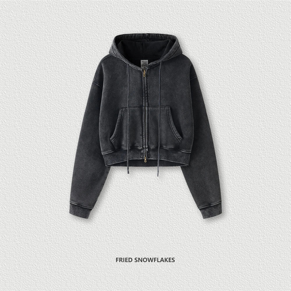 ZODF Retro 2025 Winter Women Short Zipper Hoodies Female Girls Loose 355gsm Thick Fleece Hooded Zip-up Coat Streetwears HY0448